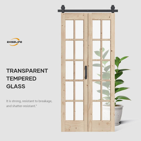 Double 18x84 Inch Bifold French Glass Door Kit With 3.3 Ft Hardware Track Preassembled Spruce Wood with transparent glass