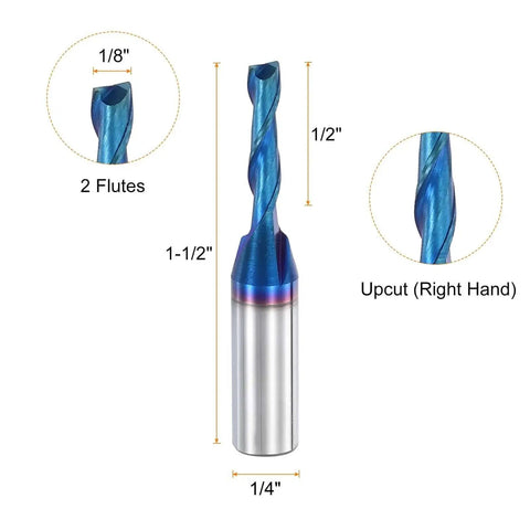 One Eighth Inch Up Cut Spiral Router Bit For CNC Woodworking And Engraving Workhorse With Two Flute Solid Carbide End Mill Blue Nano Coated