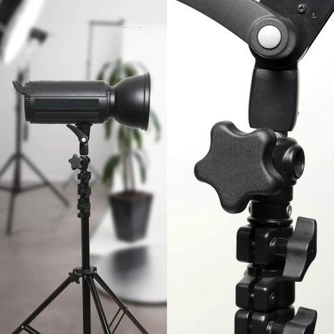 5 Pack 5/16-18 Inch Knobs With 1-Inch Threaded Studs installed on a lighting stand in a studio setting, close-up view