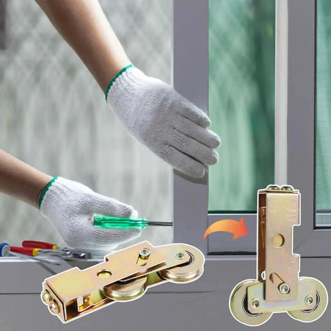 Two Pack Sliding Door Rollers Replacement Kit With One And One Quarter Inch Tandem Roller Assembly being installed on patio door.