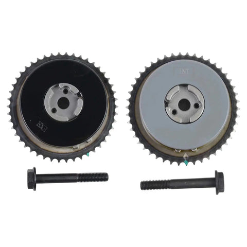Pair variable timing cam sprockets with bolts; black and gray metal, for GM engines.