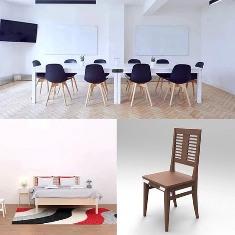 Office chairs and table, modern bedroom setup, and wooden chair