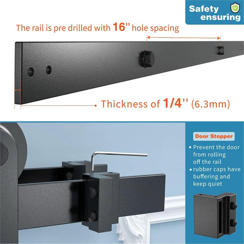 Double Track Bypass Barn Door Hardware Kit For Low Ceiling Spaces 8 Foot Sliding Barn Door System With Metal Hangers, rail features