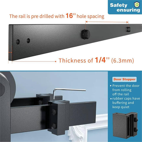 10 Foot Double Track Bypass Sliding Barn Door Hardware Kit For Two Doors With I Shape Hangers showing rail and door stopper details