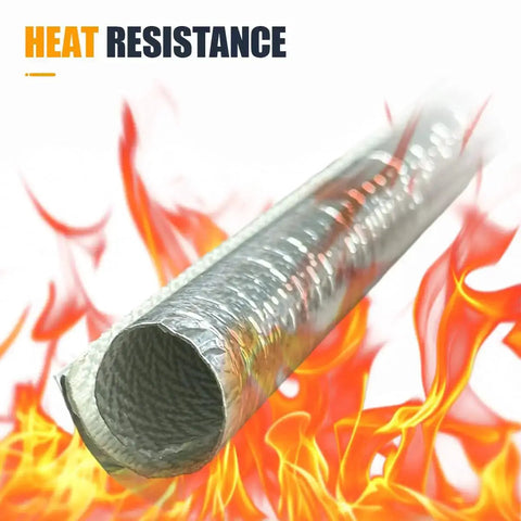 Self Closed Aluminum Heat Shield Sleeve 6mm One Quarter Inch, 39 Inch Length with flames backdrop