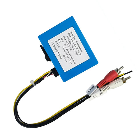 Blue LEXXSON optical fiber decoder box with yellow/black power wires and red/white RCA audio cables