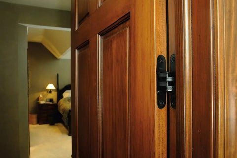 Premium Hidden Mortise Mount Invisible Hinge For One Way Doors Open 180 Degrees With Four Holes Zinc Black E Coat Finish SOSS 216US19