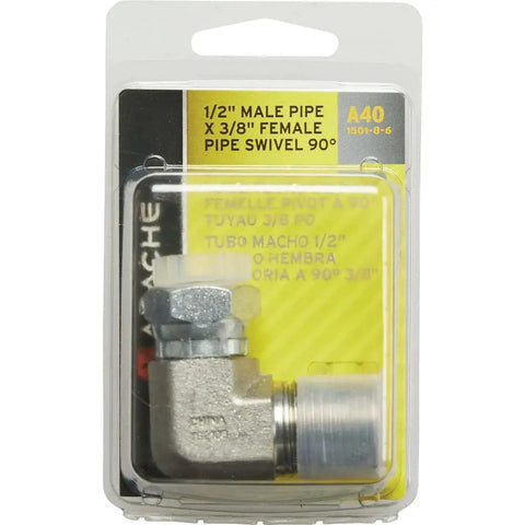 One Half Inch Male Pipe To Three Eighth Inch Female Pipe Swivel 90 Degree Hydraulic Adapter For Plumbing And Hydraulics in packaging