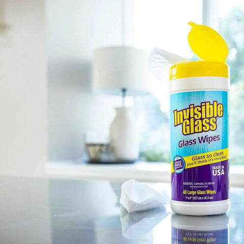 Pack Of 3 Pre-Moistened Glass Wipes, Streak-Free And Lint-Free For Windows, in canister on kitchen counter