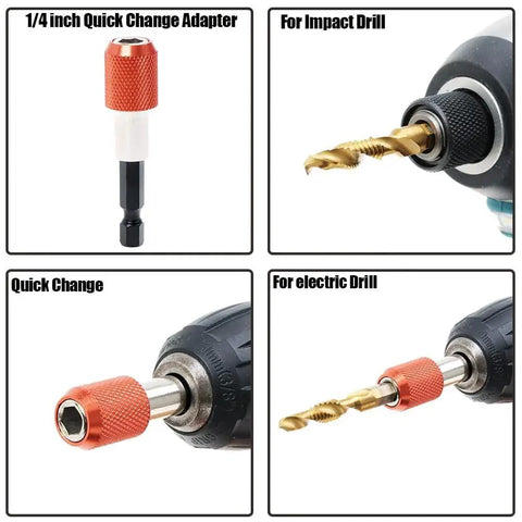 Titanium-Coated Combination Drill Tap Bit Set, 13 Piece SAE and Metric Kit for Quick Threading, Drilling, Tapping, Deburring and Countersinking, High Speed Steel 4341 Bits for Sharp, Long-Lasting Cutting in use with electric and impact drills and quick change adapter.