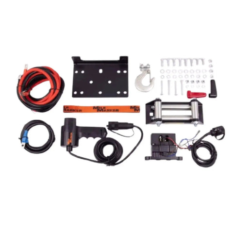 Mile Marker UTV winch PE5000 kit with 1/4 in x 79 ft steel cable and mounting hardware.