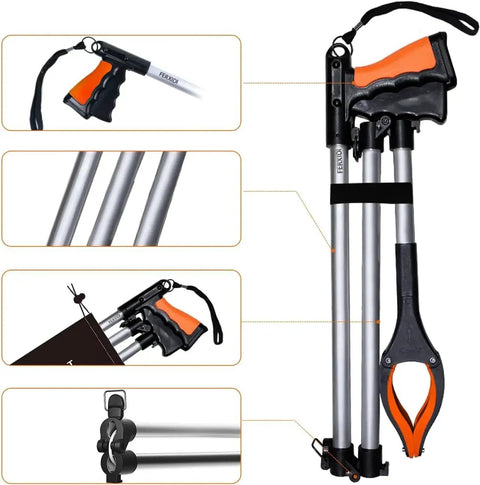 43 Inch Foldable Grabber Reacher Tool Two Pack With Rotating Jaw Magnets Heavy Duty Pickup Tool shown folded with features highlighted