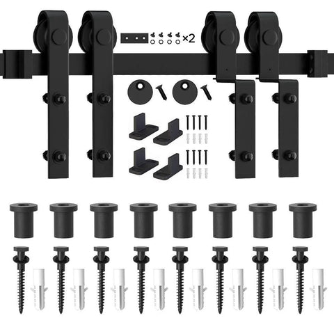 Heavy Duty Barn Door Hardware Kit For Double Bypass Doors 10Ft Single Track With Antique Roller Fits 65 Inch Wide Doors Tough As Nails Smooth Sliding Premium Carbon Steel Rail Anti Scratch Black Powder Coat Finish components