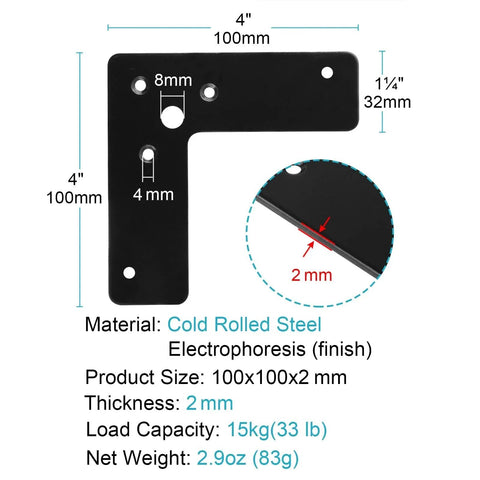 Diagram of 10 Pack Black Flat Corner Brace 4x4 Inches L Shaped Stealth Speed Mending Plate showing dimensions and features.