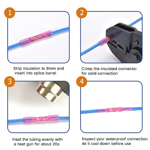 Heat shrink butt connector on blue wire with pink shrink tube; four-step installation: strip, crimp, heat, inspect.