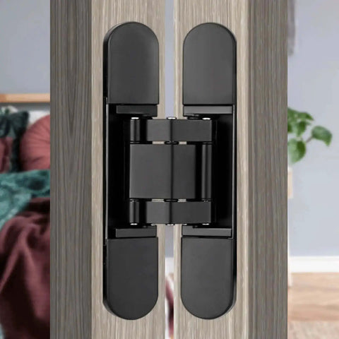 2 Pack Hidden Door Hinges 180 Degree Swing Heavy Duty 265 Lb Load Bearing For Seamless Cabinet Doors And Hidden Bookcase Doors 9.45 Inch Zinc Alloy Black installed view