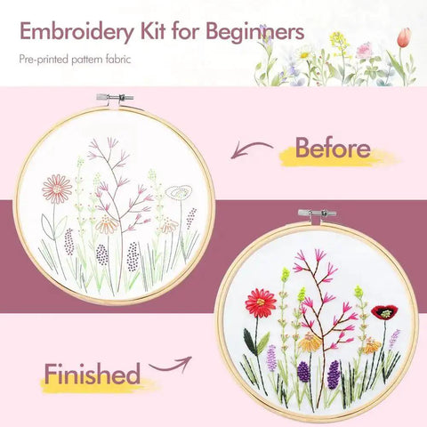 Four Pack Embroidery Kit For Beginners And Adults DIY Starter Set With Flower Patterns Cross Stitch Includes Embroidery Hoop Tools