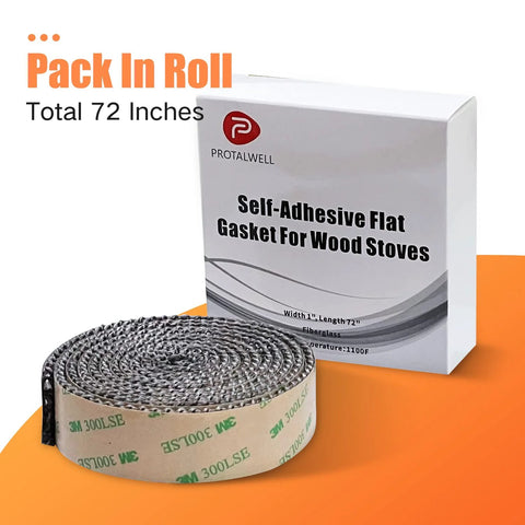 Self-adhesive flat fiberglass stove gasket tape, 1 in wide by 72 in long, for wood stoves; ProtALWell box and roll.