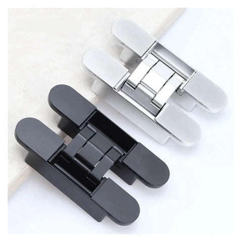 Three invisible ball bearing door hinges with 180 degree opening, black and silver, hidden folding, cold rolled steel construction