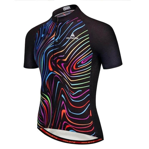 Black short-sleeve cycling jersey with colorful wave patterns, full front zipper, and logo on chest, suitable for cycling enthusiasts.