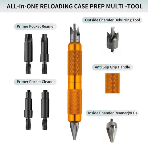 All In One Case Prep Multi Tool For Reloading Brass From.17 To.45 Caliber Featuring Reamer Chamfer Deburring Tools And Case Trimmer In Orange Color.