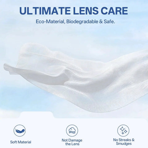 Close-up of a pre-moistened lens wipe for glasses, cameras, and screens, highlighting its eco-friendly and scratch-free material.