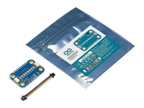 Modulino Pixels Qwiic Compatible RGB LED Module With 8 Addressable LEDs, shown with packaging and connector cable, for Arduino projects.