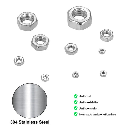 Massive 380Pcs Hex Nuts Set for DIY Projects, Metric M1 Through M6, 304 Stainless Steel, corrosion-resistant hex nuts, 9 sizes shown