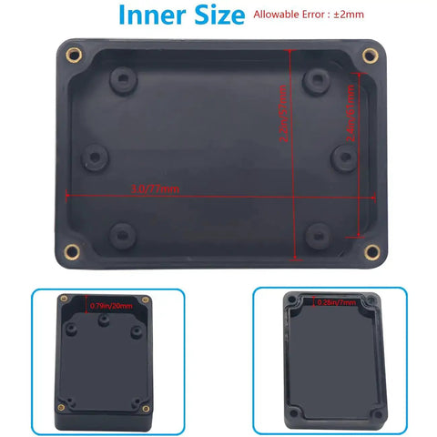 IP67 Waterproof Plastic Project Box Enclosure With Built In Gasket, inner dimensions, shown in black ABS, rugged junction box