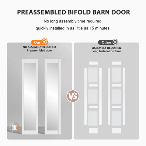 Preassembled bifold barn door vs. traditional bifold door highlighting quick install Bifold Door For 30x80 Opening With Double 15x80 Panels And Mirror Lites, Interior Bi Fold Barn Doors With Concealed Hardware Kit, White PVC Surface, Ideal For Closet, Pantry, Laundry, Kitchen Or Study, Easy Install alternative.