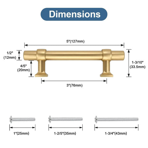 Dimensions diagram for 10 Pack 3 Inch Cabinet Pulls in Champagne Gold for Kitchen Cabinets, showing length, height, and included screws.