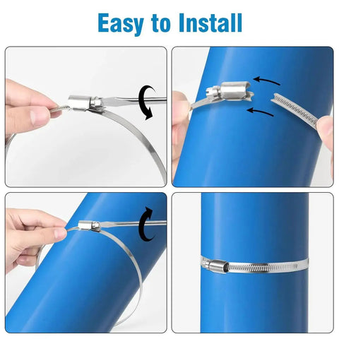Installation steps for Heavy Duty Stainless Steel Hose Clamp Set 10 Pack Adjustable, securing a blue pipe with self-locking nut worm gear clamps.