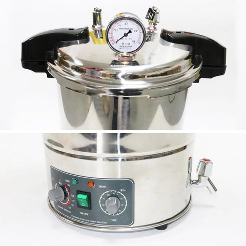 24L stainless steel steam autoclave with lid-mounted pressure gauge and front control panel.