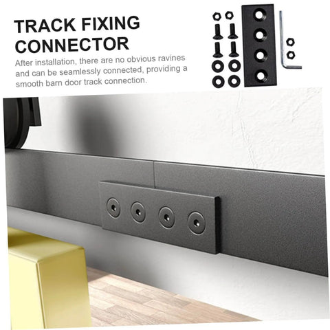 Track Splicing Metal Joint Plate for Barn Door Track, flat bracket connector, installed on rail with screws visible.
