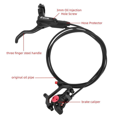 Z00M HB875E eBike hydraulic disc brake kit (front view): lever and caliper with three-finger steel handle