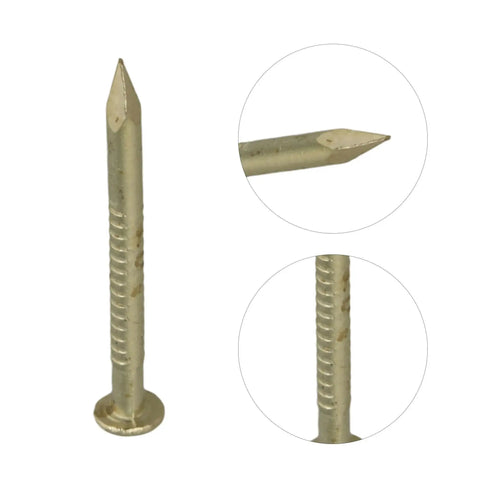 Close-up of 200 Pcs Antique Round Head Brass Copper Mini Nails for furniture, hinges, and craft projects, showing pointed tip and round head.