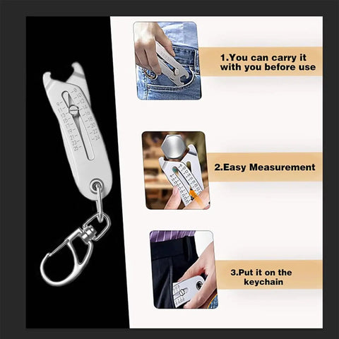 Portable Precise Thread Size Checker Keychain Two Vernier Calipers For Quick Nut And Bolt Size Finder And Verification showing usage instructions