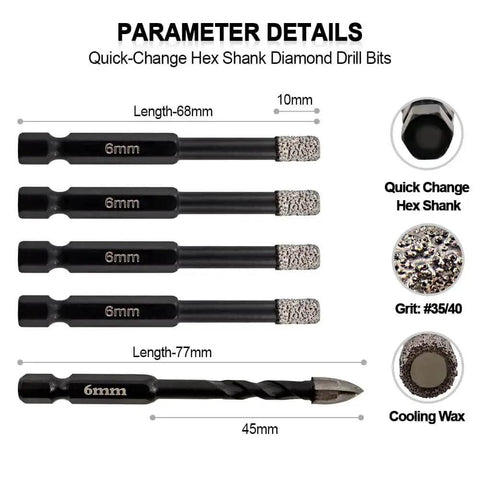 Dry Diamond Drill Bit Set With Four One Quarter Inch Diamond Core Bits And One Quarter Inch Carbide Drill Bit For Ceramic Tile Marble And Porcelain 6mm Quick Change Shank By SHDIATOOL parameters