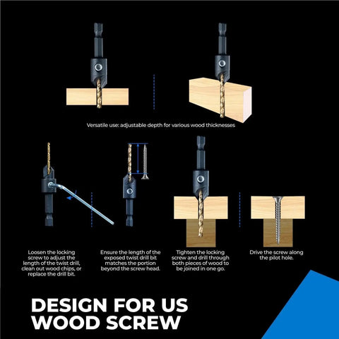 Must-Have Countersink Drill Bit Set for Woodworking, 5-Piece Pro-Grade High-Speed Steel Bits with adjustable depth for wood