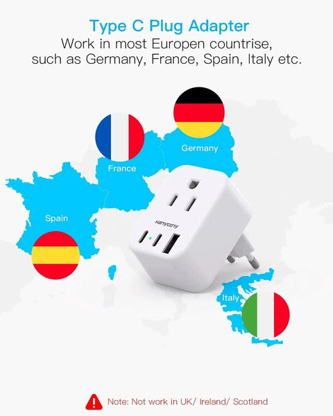 5 In 1 European Travel Plug Adapter With 2 Outlets And 3 USB Ports Type C against a map of Europe