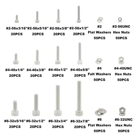 540-Piece Stainless Steel Socket Head Cap Screws, Hex Nuts, And Flat Washers All-In-One Assortment Kit For 2-56, 4-40, And 6-32 UNC Threads
