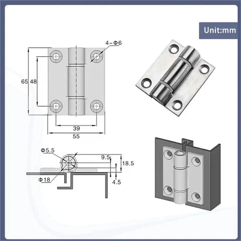 Front view of 304 stainless steel electrical cabinet door hinge with folding intermediate shaft, adjustable torque.