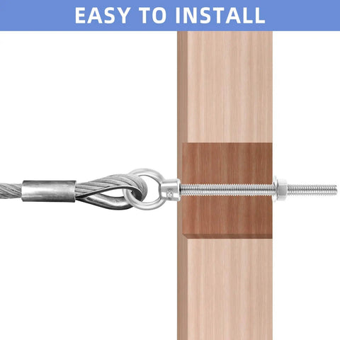 Beefy Heavy Duty Quarter Inch By Four Inch Eye Bolt Set In 304 Stainless Steel With Nuts And Washers 5 Pack Threaded installed on wood beam