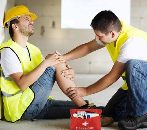 Two workers using a first aid kit pouch on-site. Pack Of 12 Empty First Aid Kit Pouches For Travel And Outdoor Emergencies Waterproof Nylon 20 By 14 Cm.