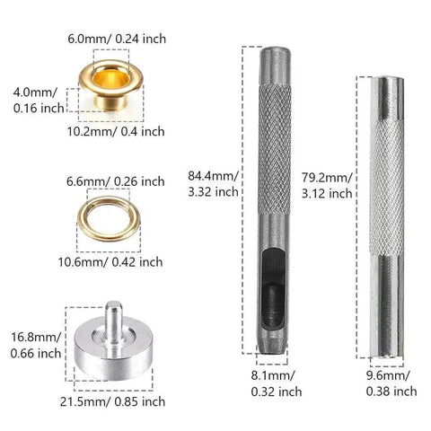 All In One Leather Grommet Kit 6mm Quarter Inch With 200 Eyelets In Gold Black Silver Bronze Includes 3 Grommet Tools, dimensions