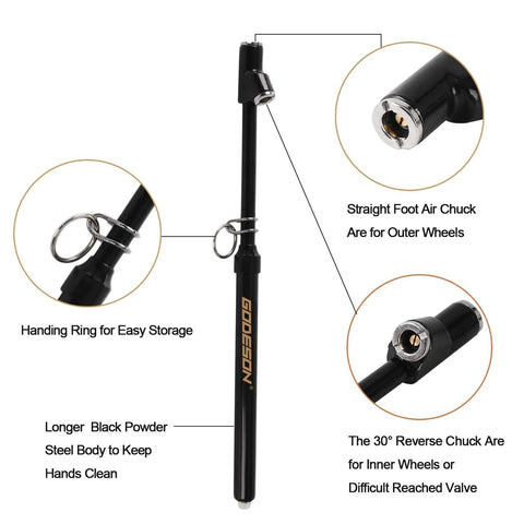 GODESON dual-head pencil tire gauge, 10-150 PSI, black steel body with outer and inner wheel chucks.