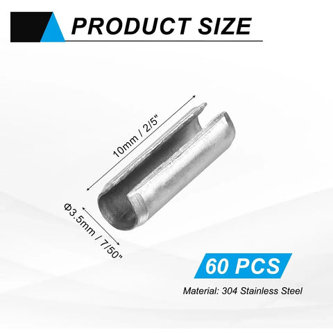 60 Pcs Slotted Split Roll Pins 3.5mm Diameter X 10mm Length Steel Dowels For Quick Secure Fastening, silver, close-up view