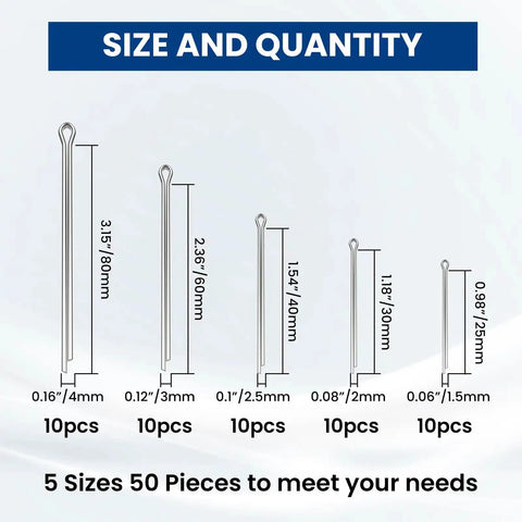 Diagram showing Stainless Steel Cotter Pin Set 50 Pieces Assortment Kit With 5 Sizes M1.5 X 25mm M2 X 30mm M2.5 X 40mm M3 X 60mm M4 X 80mm