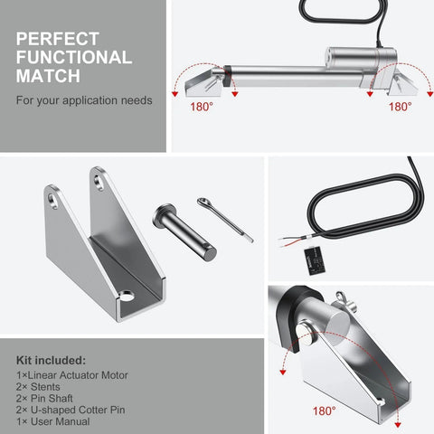 Heavy Duty 12V Linear Actuator 660LBS 3000N, 8 Inch Stroke Silent IP65 With Brackets and kit components displayed