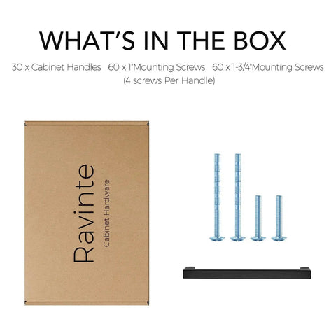 30 Pack Square Cabinet Handles In Matte Black Stainless Steel For Kitchen Drawers, box with screws and handle